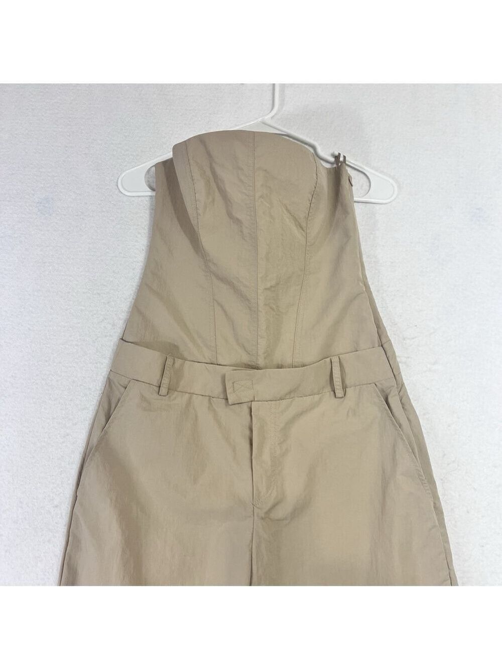 Zara Strapless Jumpsuit Off The Shoulder Wide Leg Khaki Size S Blogger Fav New - Picture 8 of 16